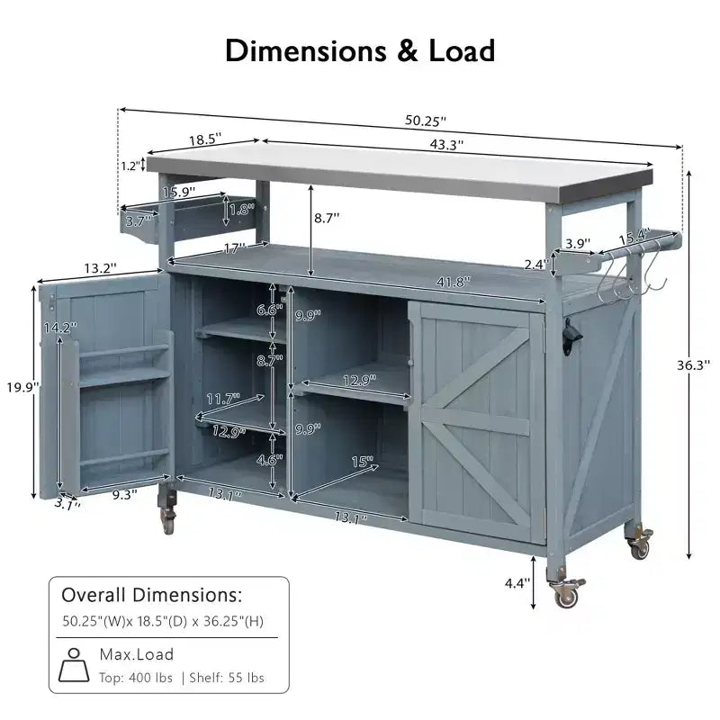 CLIHOME Îlot de cuisine d'extérieur, chariot de bar roulant et armoire de rangement, table de barbecue d'extérieur de style ferme avec plateau en acier inoxydable, porte-serviettes