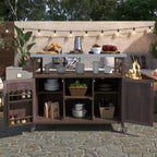 CLIHOME Îlot de cuisine d'extérieur, chariot de bar roulant et armoire de rangement, table de barbecue d'extérieur de style ferme avec plateau en acier inoxydable, porte-serviettes