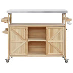 CLIHOME Îlot de cuisine d'extérieur, chariot de bar roulant et armoire de rangement, table de barbecue d'extérieur de style ferme avec plateau en acier inoxydable, porte-serviettes