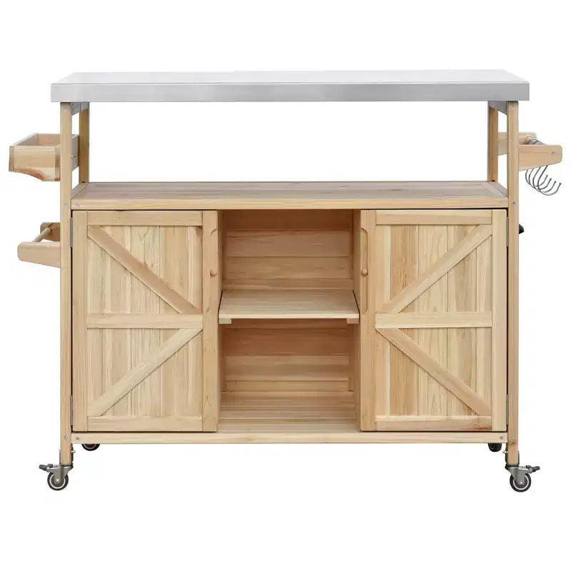 CLIHOME Îlot de cuisine d'extérieur, chariot de bar roulant et armoire de rangement, table de barbecue d'extérieur de style ferme avec plateau en acier inoxydable, porte-serviettes
