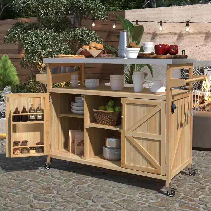 CLIHOME Îlot de cuisine d'extérieur, chariot de bar roulant et armoire de rangement, table de barbecue d'extérieur de style ferme avec plateau en acier inoxydable, porte-serviettes