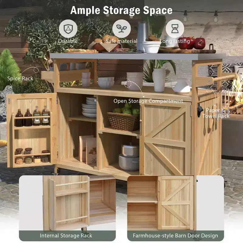CLIHOME Îlot de cuisine d'extérieur, chariot de bar roulant et armoire de rangement, table de barbecue d'extérieur de style ferme avec plateau en acier inoxydable, porte-serviettes