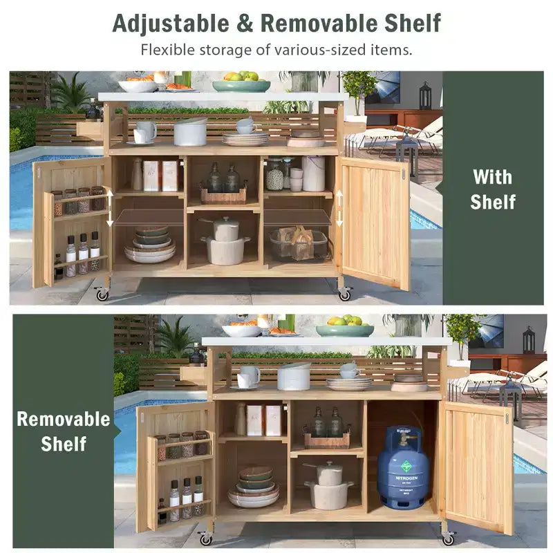 CLIHOME Îlot de cuisine d'extérieur, chariot de bar roulant et armoire de rangement, table de barbecue d'extérieur de style ferme avec plateau en acier inoxydable, porte-serviettes