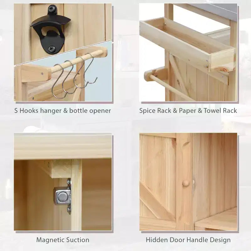 CLIHOME Îlot de cuisine d'extérieur, chariot de bar roulant et armoire de rangement, table de barbecue d'extérieur de style ferme avec plateau en acier inoxydable, porte-serviettes