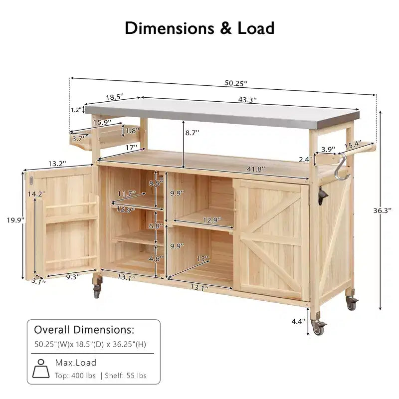 CLIHOME Îlot de cuisine d'extérieur, chariot de bar roulant et armoire de rangement, table de barbecue d'extérieur de style ferme avec plateau en acier inoxydable, porte-serviettes