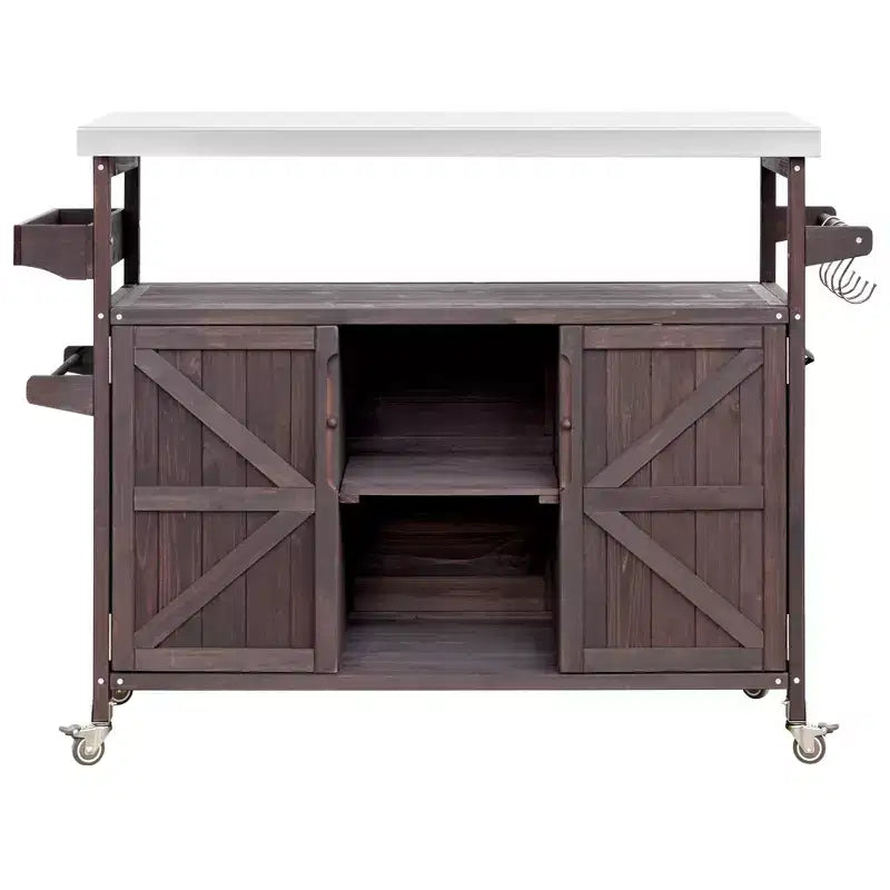 CLIHOME Îlot de cuisine d'extérieur, chariot de bar roulant et armoire de rangement, table de barbecue d'extérieur de style ferme avec plateau en acier inoxydable, porte-serviettes