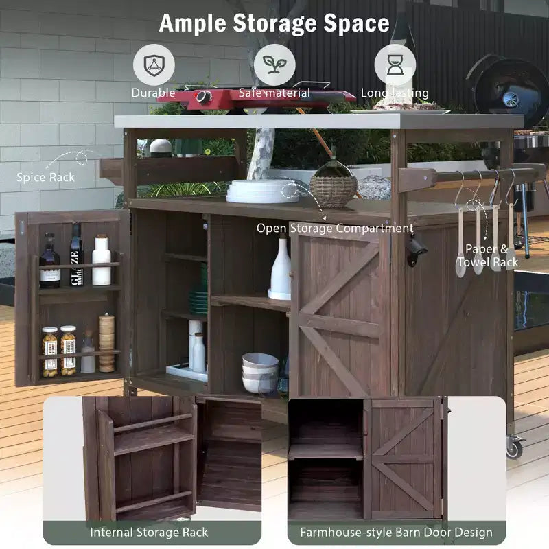 CLIHOME Îlot de cuisine d'extérieur, chariot de bar roulant et armoire de rangement, table de barbecue d'extérieur de style ferme avec plateau en acier inoxydable, porte-serviettes
