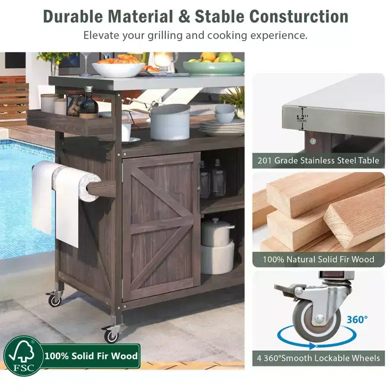 CLIHOME Îlot de cuisine d'extérieur, chariot de bar roulant et armoire de rangement, table de barbecue d'extérieur de style ferme avec plateau en acier inoxydable, porte-serviettes