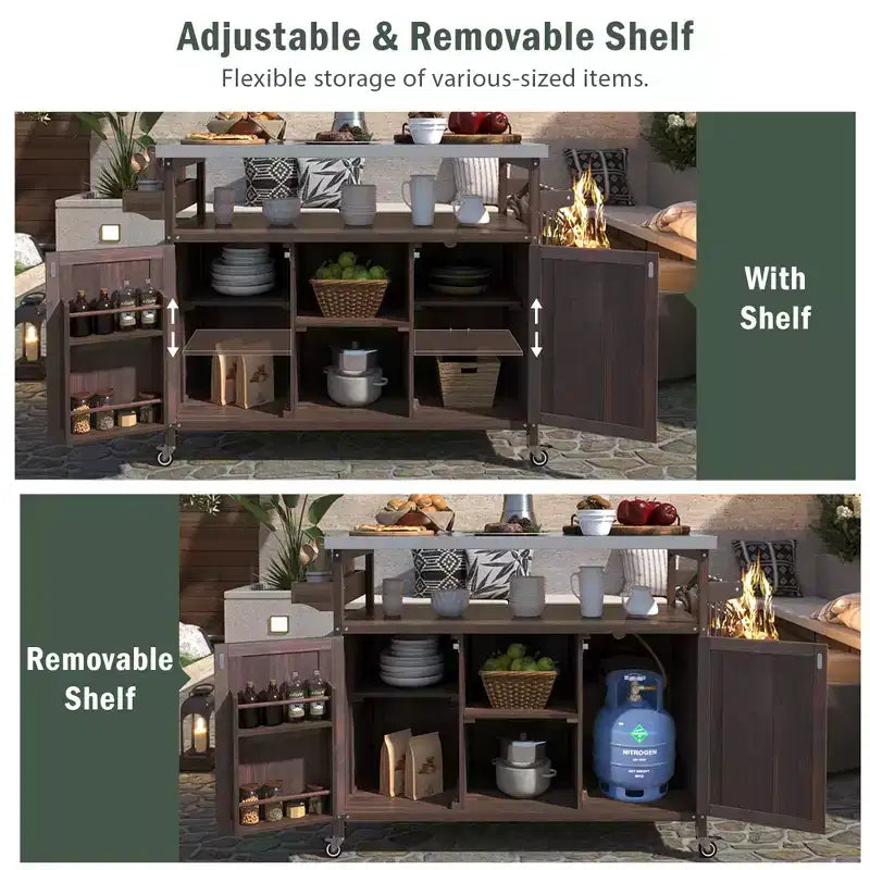 CLIHOME Îlot de cuisine d'extérieur, chariot de bar roulant et armoire de rangement, table de barbecue d'extérieur de style ferme avec plateau en acier inoxydable, porte-serviettes