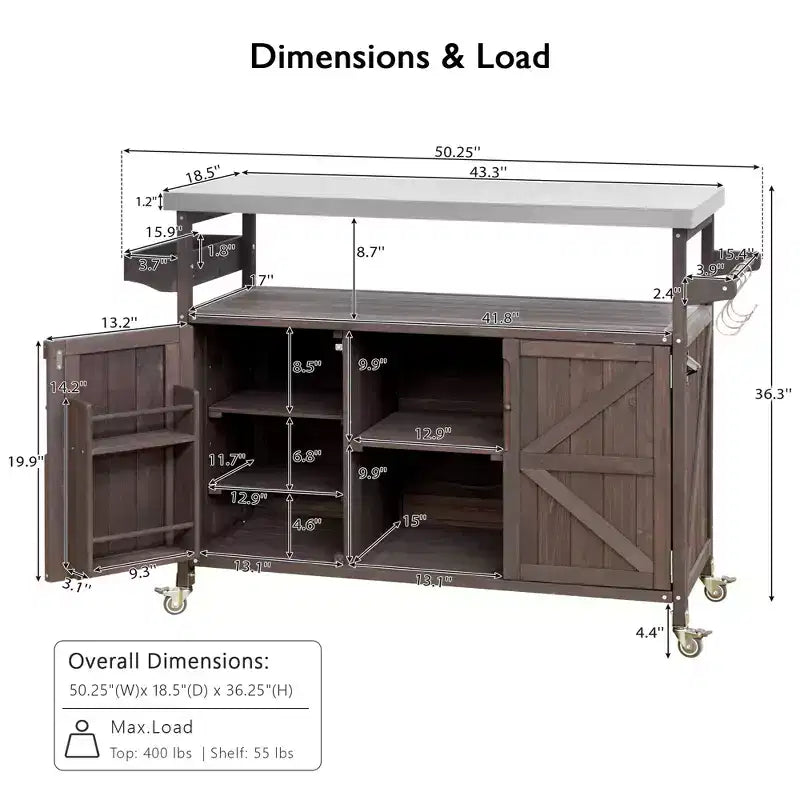 CLIHOME Îlot de cuisine d'extérieur, chariot de bar roulant et armoire de rangement, table de barbecue d'extérieur de style ferme avec plateau en acier inoxydable, porte-serviettes