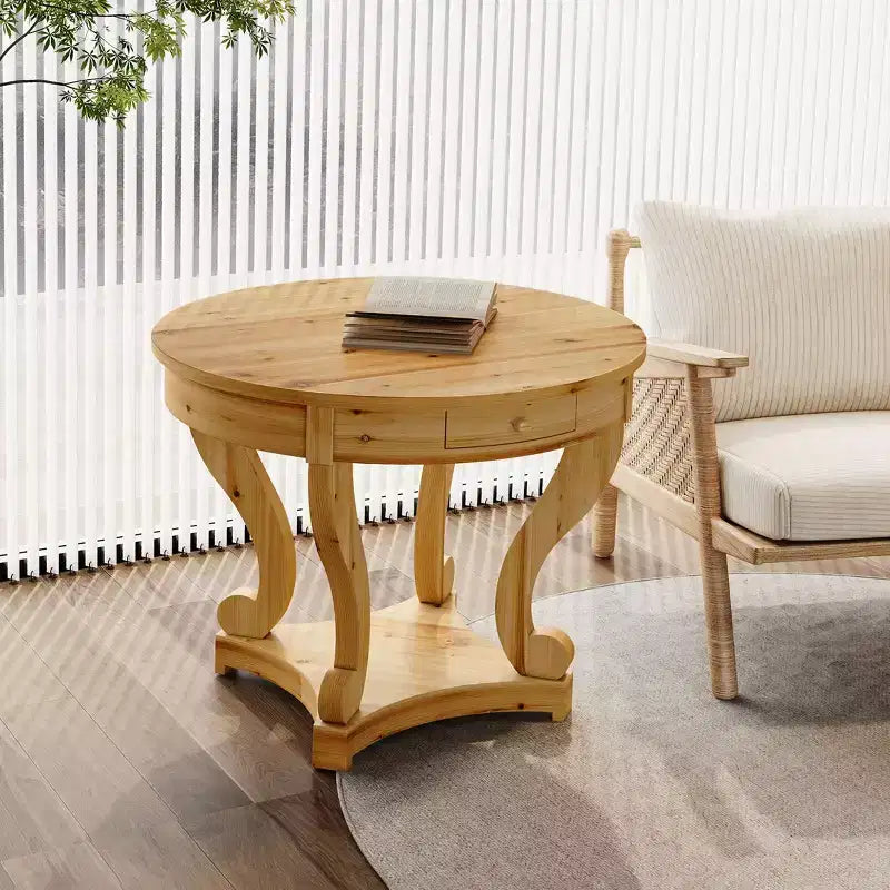 Table de salle à manger ronde Okak avec pieds incurvés, table de cuisine style ferme, petite table basse pour salle à manger