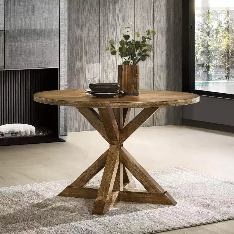 Table à manger ronde Okak 48 Table à manger moderne du milieu du siècle avec pieds croisés pour salle à manger, salon