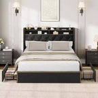Upholstered Storage Bed Frame with 5 Drawers & Shelves Headboard, Black Velvet, No Box Spring Needed