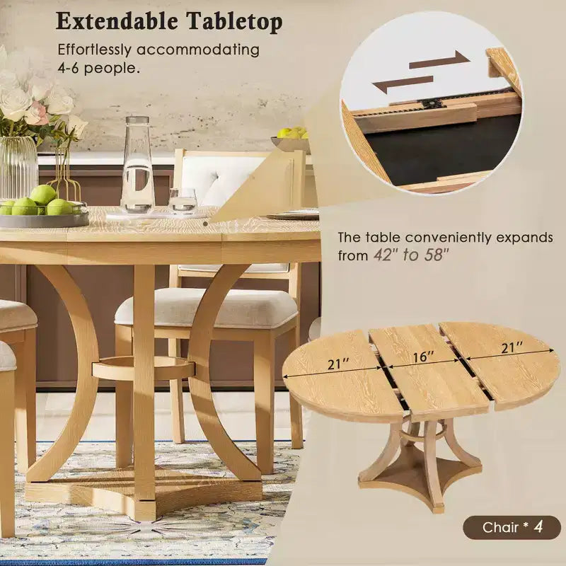 Ensemble de salle à manger rétro Merax élégant 5 pièces avec table ronde extensible et 4 chaises rembourrées