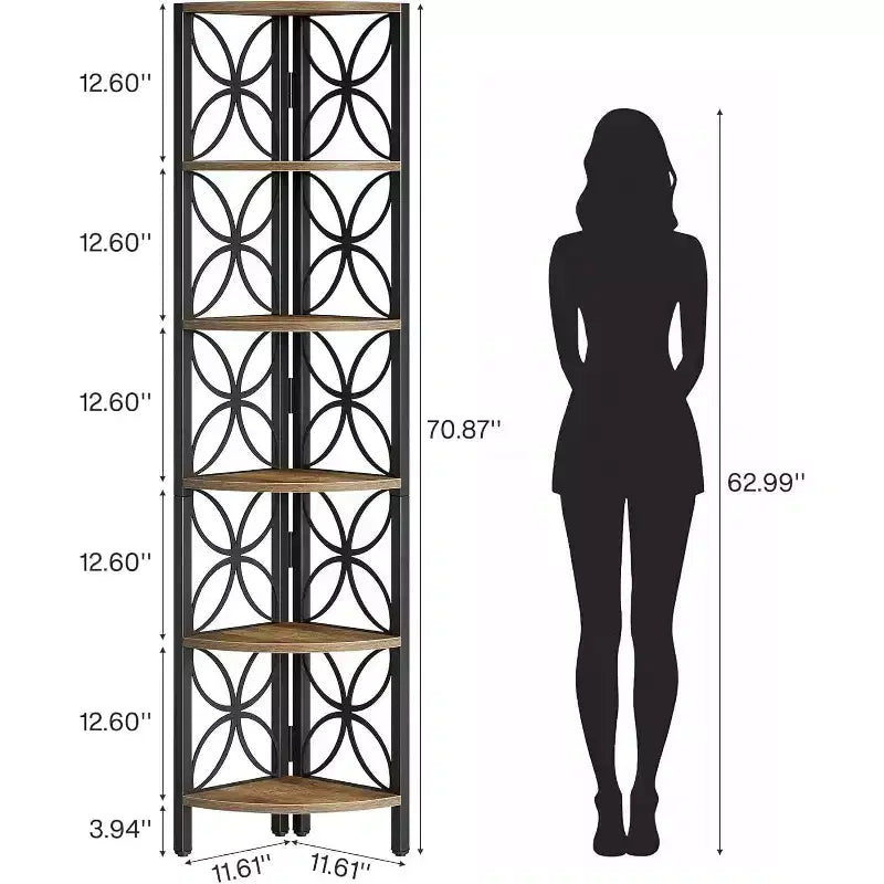 Étagère d'angle Lantine à 6 niveaux, bibliothèque de 180 cm, étagère de rangement, support pour plantes pour salon, chambre à coucher, salle de bain, cuisine