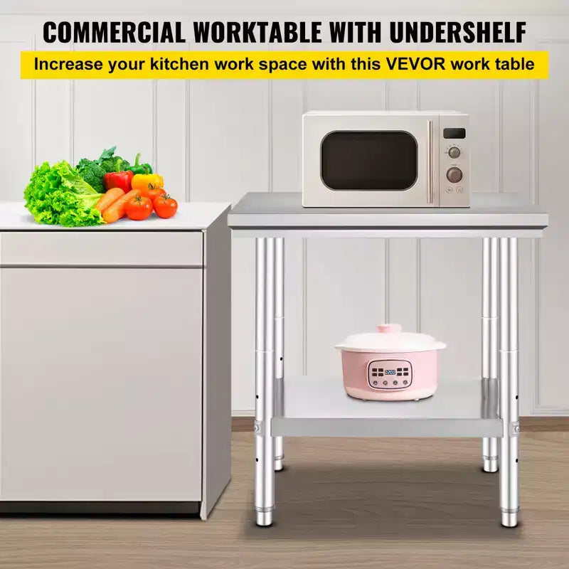 Table de préparation en acier inoxydable VEVOR, 61 x 76 x 79 cm, capacité de charge de 317 kg, plan de travail métallique robuste avec 3 niveaux de hauteur réglables, argent