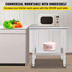 Table de préparation en acier inoxydable VEVOR, 61 x 76 x 79 cm, capacité de charge de 317 kg, plan de travail métallique robuste avec 3 niveaux de hauteur réglables, argent