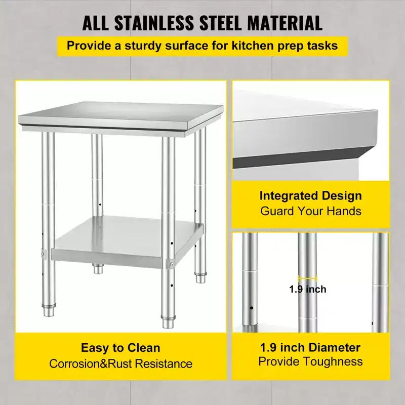 Table de préparation en acier inoxydable VEVOR, 61 x 76 x 79 cm, capacité de charge de 317 kg, plan de travail métallique robuste avec 3 niveaux de hauteur réglables, argent