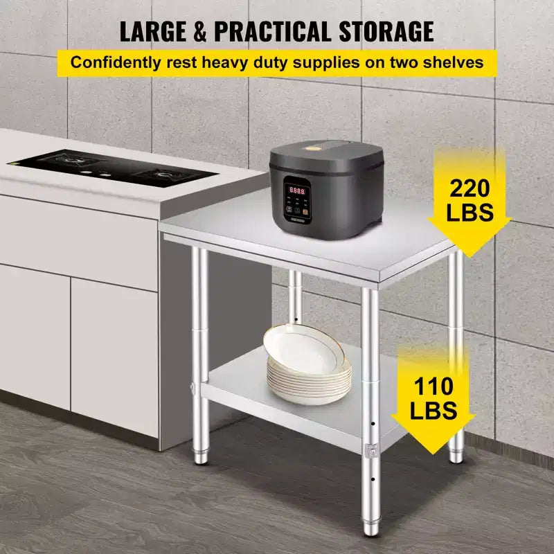 Table de préparation en acier inoxydable VEVOR, 61 x 76 x 79 cm, capacité de charge de 317 kg, plan de travail métallique robuste avec 3 niveaux de hauteur réglables, argent