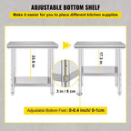 Table de préparation en acier inoxydable VEVOR, 61 x 76 x 79 cm, capacité de charge de 317 kg, plan de travail métallique robuste avec 3 niveaux de hauteur réglables, argent