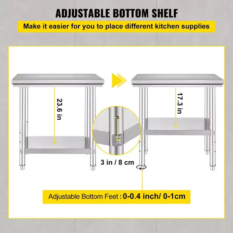 Table de préparation en acier inoxydable VEVOR, 61 x 76 x 79 cm, capacité de charge de 317 kg, plan de travail métallique robuste avec 3 niveaux de hauteur réglables, argent