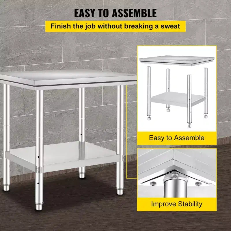 Table de préparation en acier inoxydable VEVOR, 61 x 76 x 79 cm, capacité de charge de 317 kg, plan de travail métallique robuste avec 3 niveaux de hauteur réglables, argent
