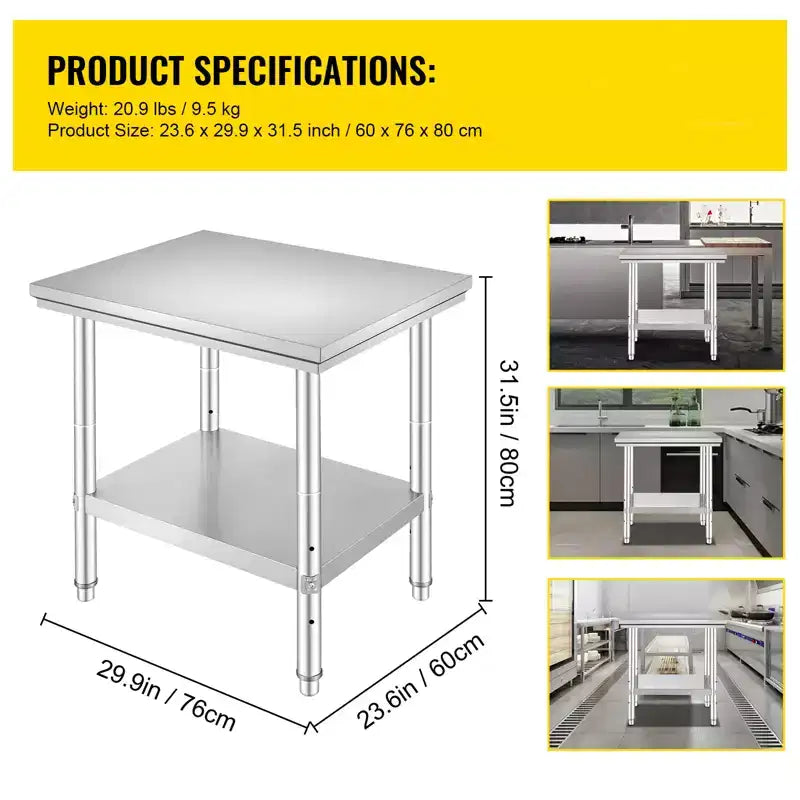 Table de préparation en acier inoxydable VEVOR, 61 x 76 x 79 cm, capacité de charge de 317 kg, plan de travail métallique robuste avec 3 niveaux de hauteur réglables, argent