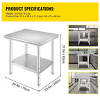 Table de préparation en acier inoxydable VEVOR, 61 x 76 x 79 cm, capacité de charge de 317 kg, plan de travail métallique robuste avec 3 niveaux de hauteur réglables, argent