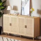 Buffet décoratif rustique en rotin Okak avec 4 portes et étagères réglables, buffet fonctionnel pour cuisine et salle à manger
