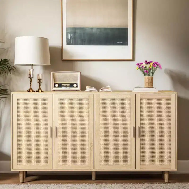 Buffet décoratif rustique en rotin Okak avec 4 portes et étagères réglables, buffet fonctionnel pour cuisine et salle à manger