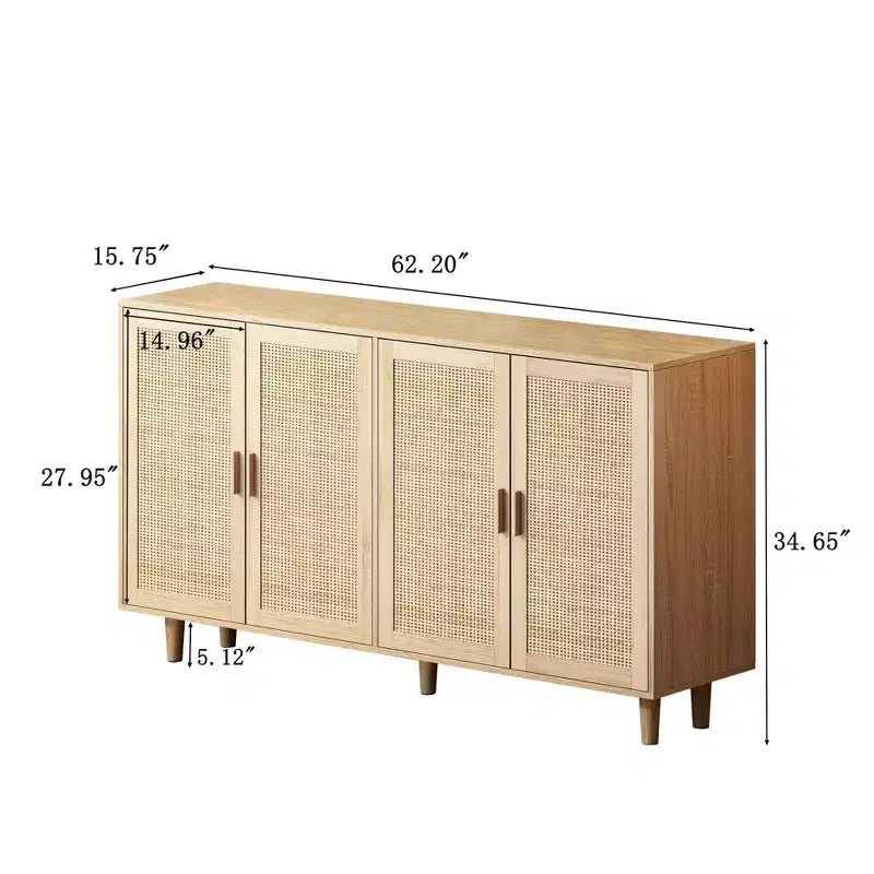 Buffet décoratif rustique en rotin Okak avec 4 portes et étagères réglables, buffet fonctionnel pour cuisine et salle à manger