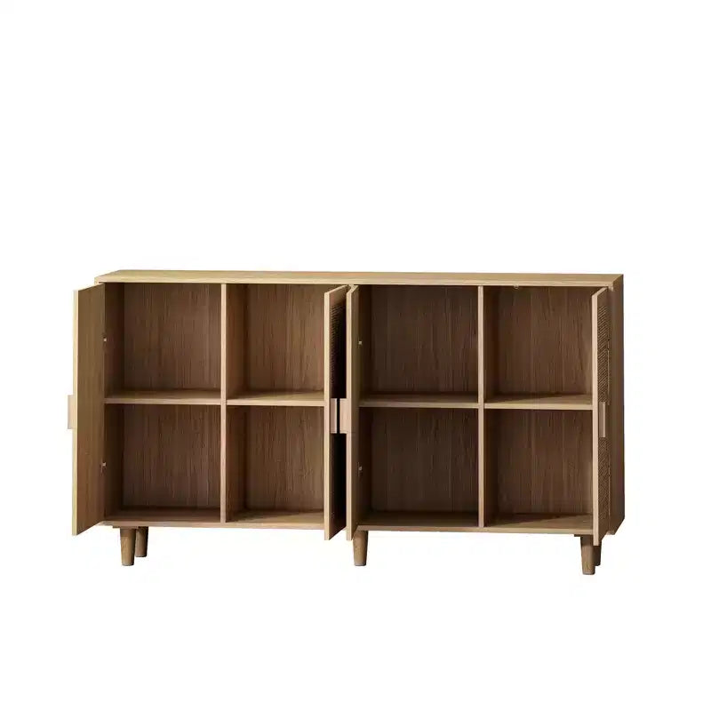 Buffet décoratif rustique en rotin Okak avec 4 portes et étagères réglables, buffet fonctionnel pour cuisine et salle à manger