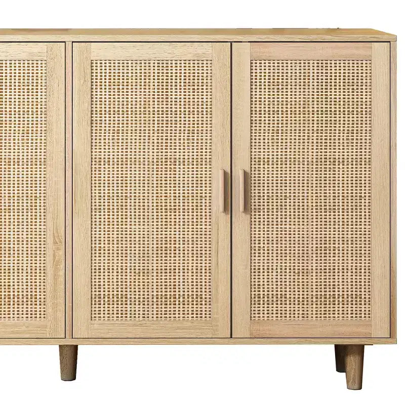 Buffet décoratif rustique en rotin Okak avec 4 portes et étagères réglables, buffet fonctionnel pour cuisine et salle à manger