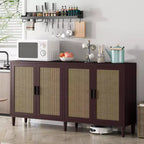 Buffet décoratif rustique en rotin Okak avec 4 portes et étagères réglables, buffet fonctionnel pour cuisine et salle à manger