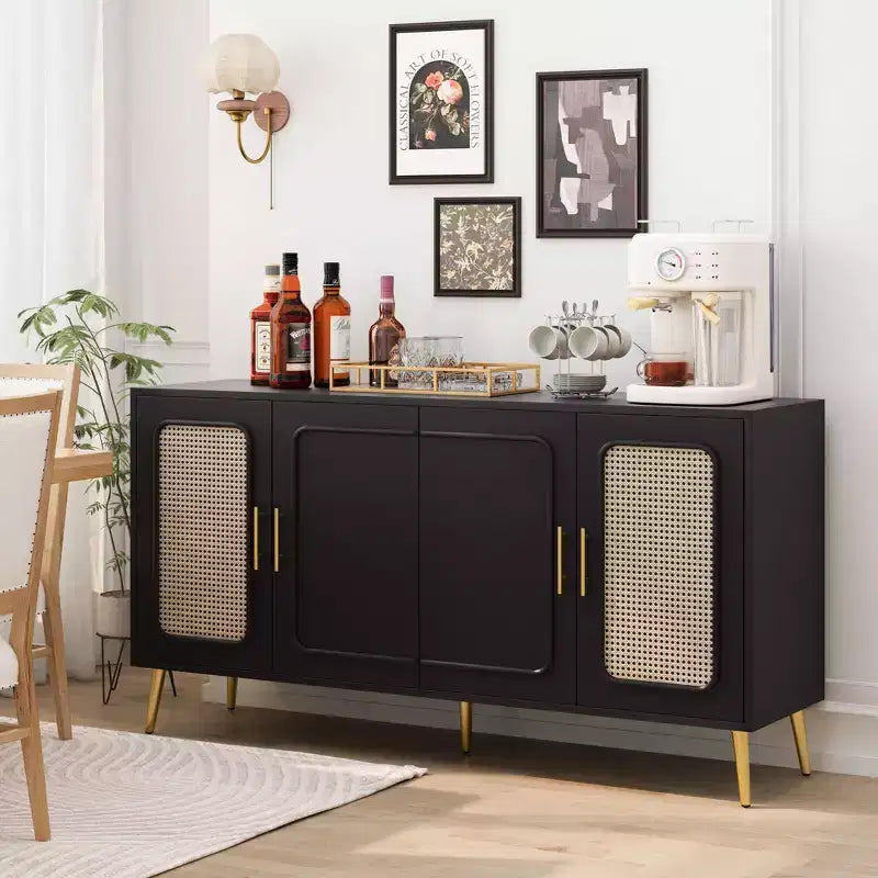 Buffet décoratif rustique en rotin Okak avec 4 portes et étagères réglables, buffet fonctionnel pour cuisine et salle à manger