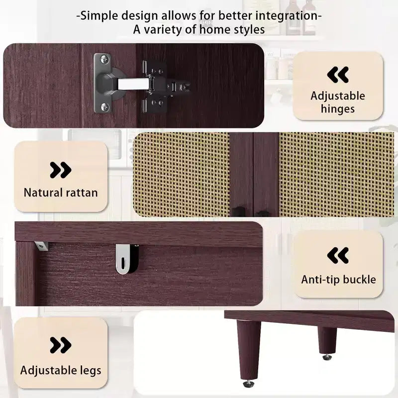 Buffet décoratif rustique en rotin Okak avec 4 portes et étagères réglables, buffet fonctionnel pour cuisine et salle à manger