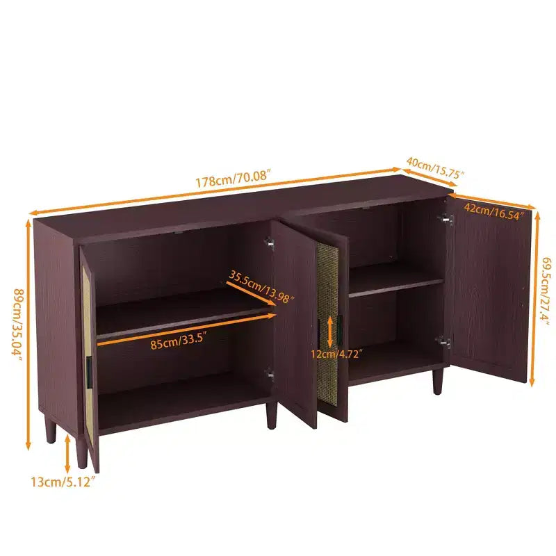 Buffet décoratif rustique en rotin Okak avec 4 portes et étagères réglables, buffet fonctionnel pour cuisine et salle à manger