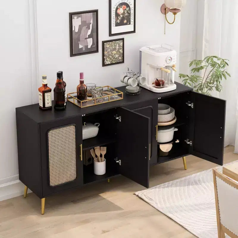 Buffet décoratif rustique en rotin Okak avec 4 portes et étagères réglables, buffet fonctionnel pour cuisine et salle à manger