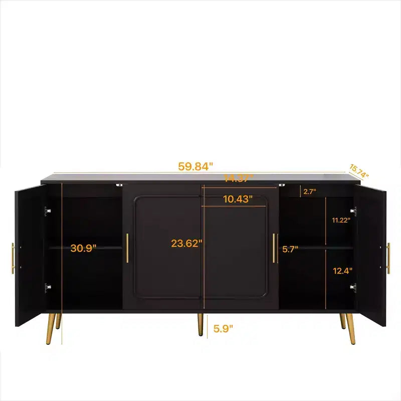 Buffet décoratif rustique en rotin Okak avec 4 portes et étagères réglables, buffet fonctionnel pour cuisine et salle à manger