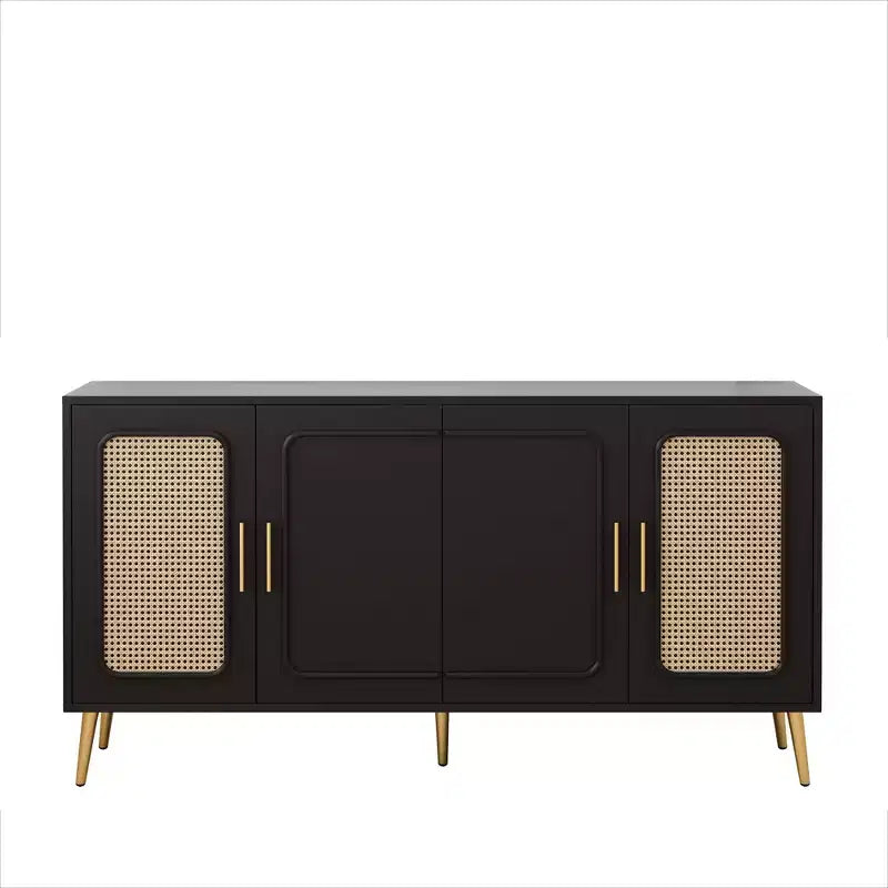 Buffet décoratif rustique en rotin Okak avec 4 portes et étagères réglables, buffet fonctionnel pour cuisine et salle à manger