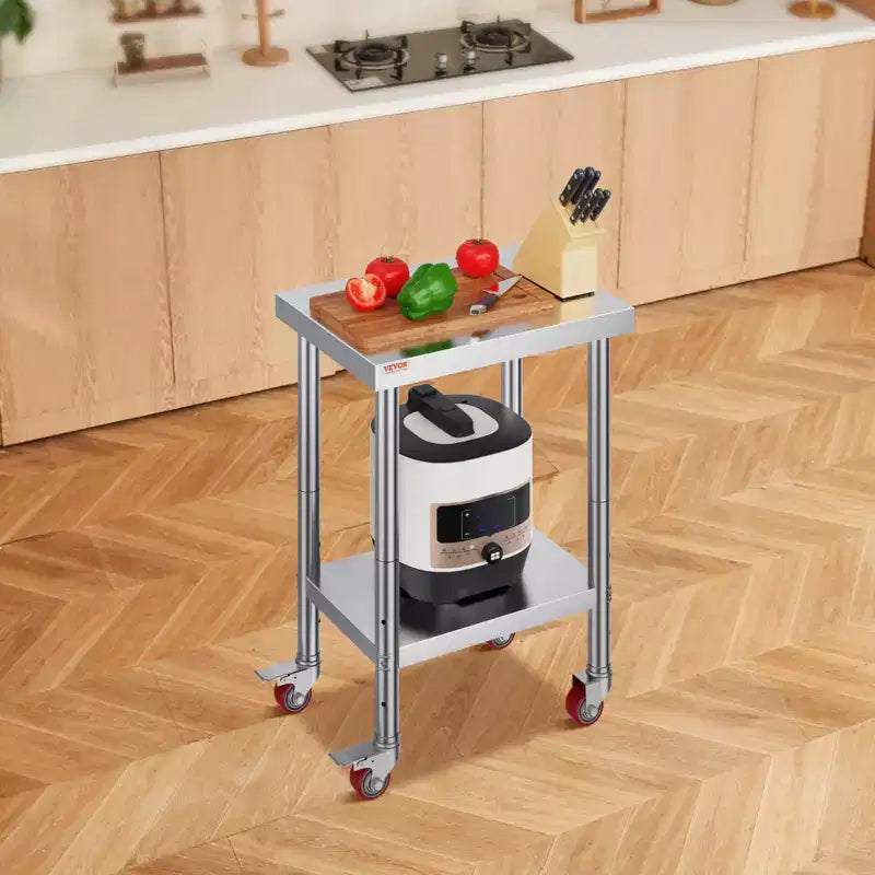 VEVOR Table de Travail en Acier Inoxydable 61 x 46 x 86 cm, Capacité de Charge 317,5 kg avec 4 Roues, 3 Niveaux de Hauteur Réglables, Argent