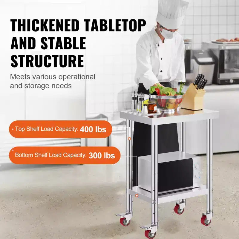 VEVOR Table de Travail en Acier Inoxydable 61 x 46 x 86 cm, Capacité de Charge 317,5 kg avec 4 Roues, 3 Niveaux de Hauteur Réglables, Argent
