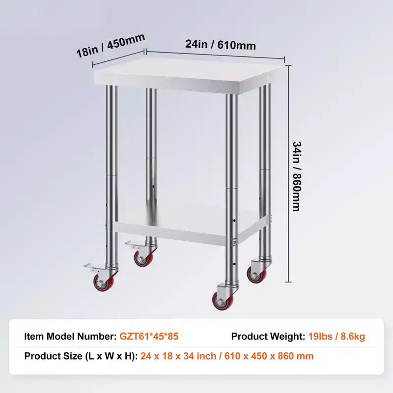 VEVOR Table de Travail en Acier Inoxydable 61 x 46 x 86 cm, Capacité de Charge 317,5 kg avec 4 Roues, 3 Niveaux de Hauteur Réglables, Argent