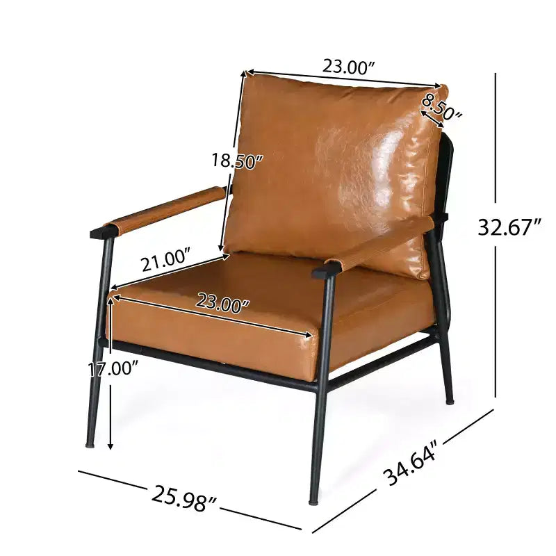 Fauteuil de salon d'appoint Zeus et Ruta de style moderne du milieu du siècle en similicuir avec dossier haut rembourré et structure métallique - Marron