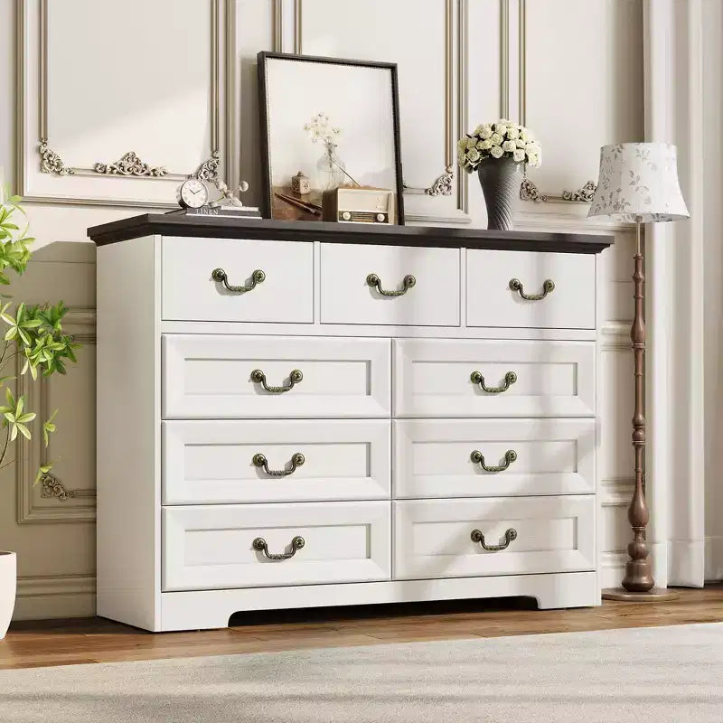 Commode GustoWave à 9 tiroirs pour chambre à coucher, commode en bois vintage de 120 cm de large, organisateur de rangement de style ferme pour salon, couloir, entrée