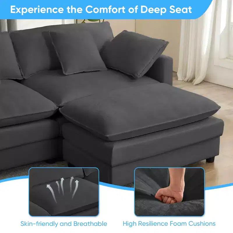 Mjkone Grand canapé modulaire 148'', canapé en forme de U à 6 places en tissu chenille, assise profonde avec 2 poufs