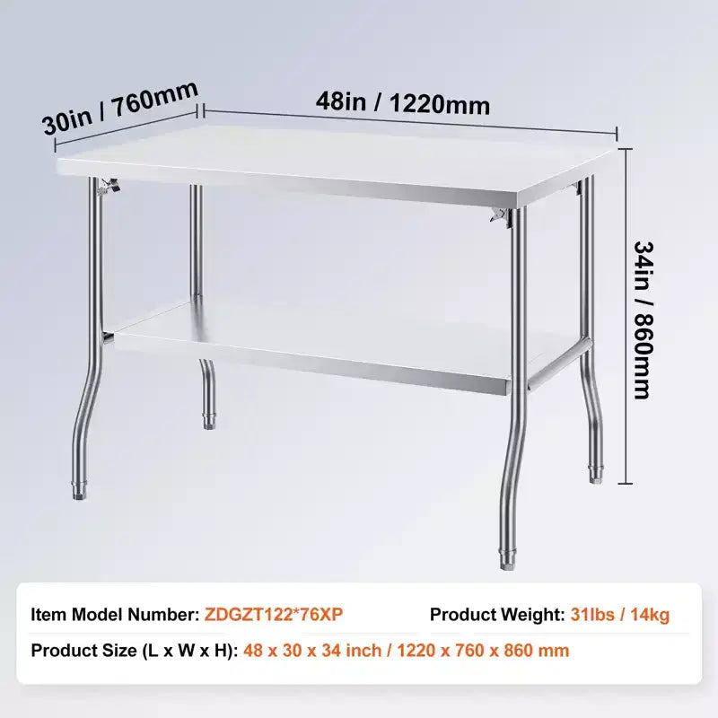 VEVOR Table de préparation commerciale pliante, 122 x 76 cm, poste de travail commercial avec étagère inférieure, table pliante robuste en acier inoxydable, argenté