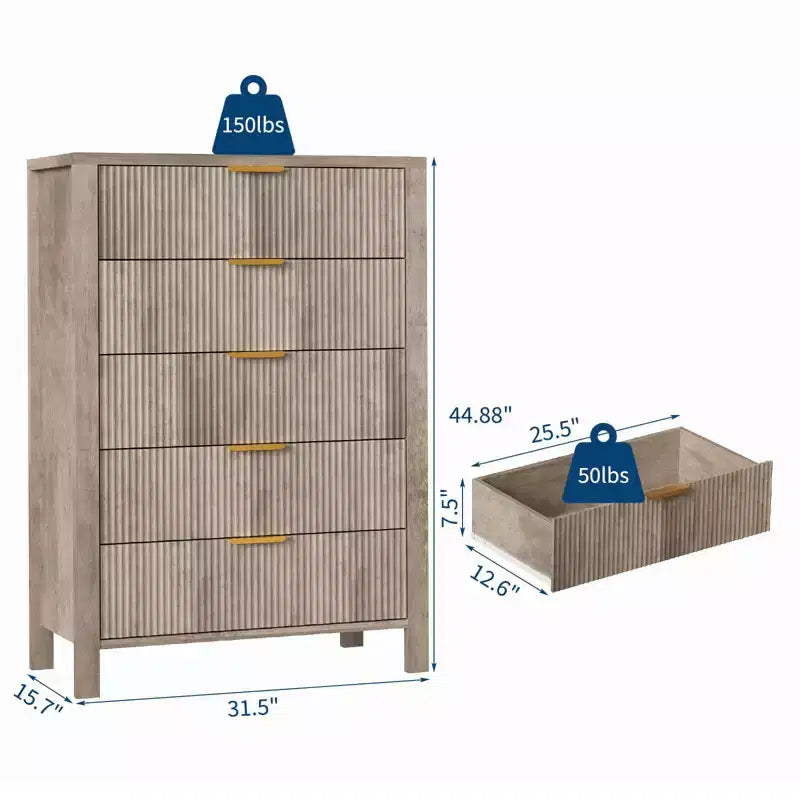 Commode GustoWave 5 tiroirs cannelés, commode fine de 114,3 cm de haut pour petits espaces, commode en bois de style ferme moderne pour chambre à coucher, chambre de bébé, appartement