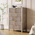 Commode GustoWave 5 tiroirs cannelés, commode fine de 114,3 cm de haut pour petits espaces, commode en bois de style ferme moderne pour chambre à coucher, chambre de bébé, appartement