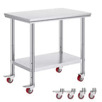 VEVOR Stainless Steel Work Table 35 x 24 x 33 Inch, 700 LBS Load Capacity with 4 Wheels, 3 Adjustable Height Levels, Silver